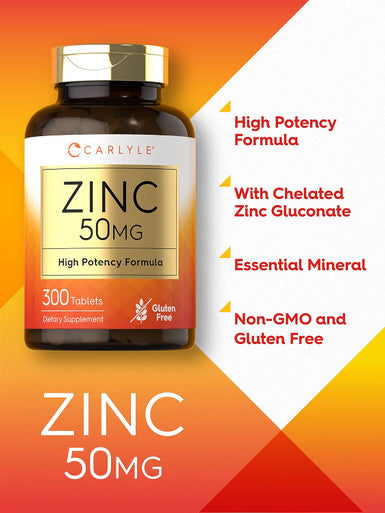 Carlyle Zinc 50Mg 300 Tablets Vegetarian, Non-Gmo, And Gluten Supplement Zinc Gluconate High Potency Formula
