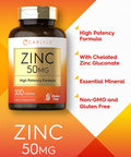 Carlyle Zinc 50mg | 300 Tablets | Vegetarian Non-GMO and Gluten Supplement | Zinc Gluconate | High Potency Formula