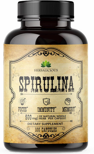 Herbalicious Spirulina Capsules - Natural Daily Superfood Supplement-Blue Green Algae Extract with B Vitamins Iron Amino Acid&Antioxidants to Support Immune System Function Total Body Cleanse 100 Capsules