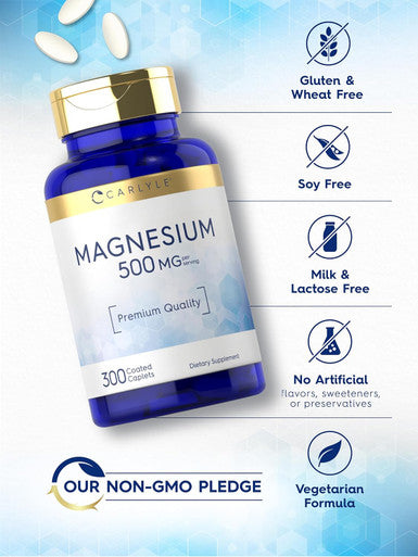 Carlyle Magnesium 500mg | 300 Coated Caplets | Vegetarian Non-GMO and Gluten Supplement