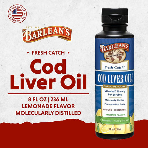 Barlean'S Cod Liver Oil Liquid Supplement Omega 3 Fish Oil With 900Mg Epa And Dha Plus Vitamin D Supplements For Joint Brain And Heart Health Support Lemonade Flavor 8 Oz