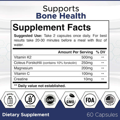 Bioyouth Labs Natural Bone Strength Supplements for Adults 60 Capsules - Nutritious Blend of Coleus Forskohlii Creatine Magnesium Vitamin K2 & C for Better Bone Health & Growth.