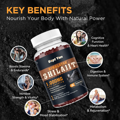 Sept Yan Shilajit Gummies 1000Mg - Shilajit Pure Himalayan Organic For Men & Women 85 Trace Minerals Shilajit Resin With Ashwagandha Maca Black Seed Oil - Energy Brain Immunity Sugar Free Raspberry 60Ct