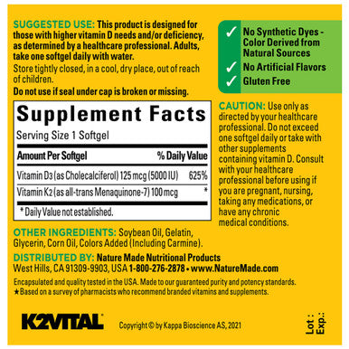 Nature Made Vitamin D3 K2 5000 Iu (125 Mcg) Vitamin D Dietary Supplement For Bone Teeth Muscle And Immune Health Support 30 Softgels 30 Day Supply