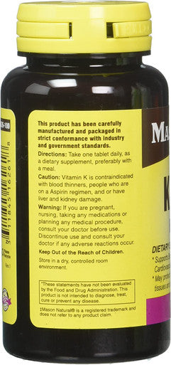 Mason Natural Vitamin K2 100 mcg Plus D3 1000 IU Tablets 100 Count per Bottle Pack of 3 Total 300 Tablets