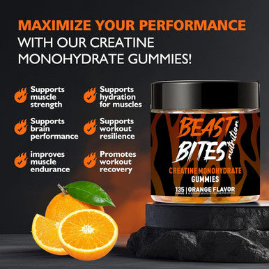 BEAST BITES Nutrition Creatine Monohydrate Gummies for Men & Women - 5g of Creatine Monohydrate per Serving - Sugar Free,Vegan, Orange Flavor, 135 Count (45 Servings).