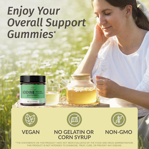 Herbamama Iodine Gummies - Potassium Iodine Zinc & Selenium For Immune Defense & Brain Support - Vegan Non-Gmo Immune Support Supplement - 60 Pectin-Based Apple-Flavored Chews