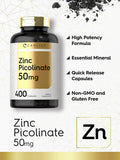 Zinc Picolinate 50mg | 400 Capsules | Value Size | Non-GMO and Gluten Free Supplement | by Carlyle