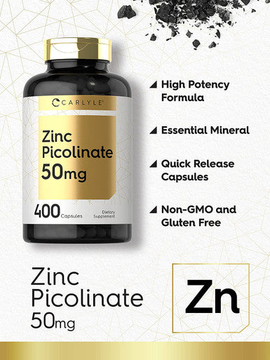 Zinc Picolinate 50mg | 400 Capsules | Value Size | Non-GMO and Gluten Free Supplement | by Carlyle