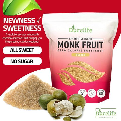 Durelife Golden Monk Fruit Sweetener, 1:1 Sugar Replacement, Keto Diet Friendly, Zero Calorie, Kosher Sugar Substitute, Golden - 10 lb Bulk Size