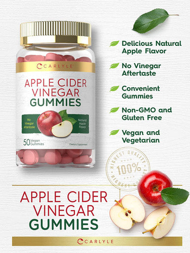 Apple Cider Vinegar Gummies | 50 Count | Natural Apple Flavor | Vegan, Non-GMO, Gluten Free | ACV Supplement | by Carlyle