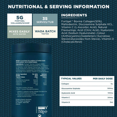 Kinetica Sports Collagen Powder - Berry Flavour | 350g | 5g FORTIGEL Bovine Collagen/Serve 320mg Vitamin C 5ÃƒÅ½Ã‚Â¼g Vitamin D 100mg Hyaluronic Acid & 500mg Glucosamine Sulphate | Joint & Muscle Support