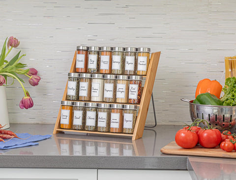 18 Jar Bamboo Compact Spice Rack with Spices Included & 5-Year Free Spice Refill Program for Countertop or Kitchen Drawer with Glass Jars