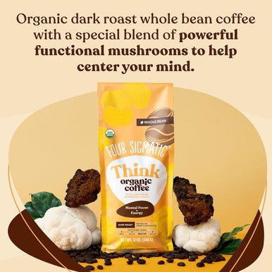 Four Sigmatic Dark Roast Organic Whole Bean Coffee By | Fair Trade Coffee Beans Coated With Lion'S Mane Chaga Mushrooms | Nootropic Mushroom Coffee For Enhanced Brain Function & Immune Support | 12Oz