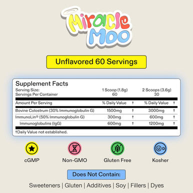 Miracle Moo Colostrum Unflavored 60 Serving + Colostrum Orange Stick Packets 30 Servings