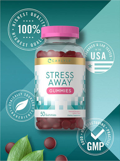 Stress Relief Gummies | 50 Count | with GABA and L-Theanine | Natural Strawberry Lemon Flavor | Non-GMO, Gluten Free Supplement | by Carlyle