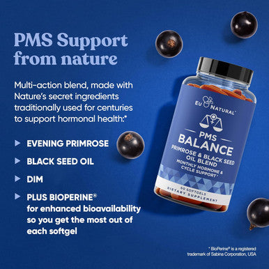 Eu Natural Balance PMS Vitamins for Women - Hormone Balance for Women Menstrual & PMS Relief - Bloating Cramping Mood Swings Restlessness Clear Skin - Primrose Oil Black Seed Oil & DIM - 60 Liquid Softgels