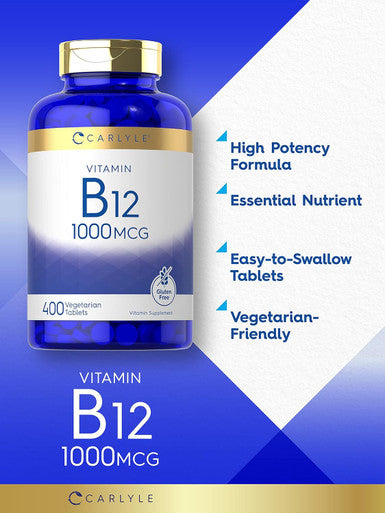 Carlyle Vitamin B12 1000mcg | 400 Tablets | Vegetarian Non-GMO Gluten Supplement