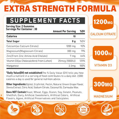 Calcium Citrate Supplement Gummies For Adult - Sugar Calcium Citrate 1200 Mg With Magnesium 300 Mg & Vitamin D3 - Organic Chewable Calcium Supplements For Women & Men