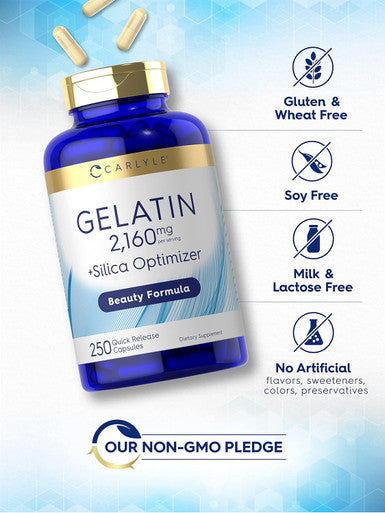 Carlyle Gelatin 2160 mg | with Silica Optimizer | 250 Capsules | Non-GMO and Gluten Supplement | by