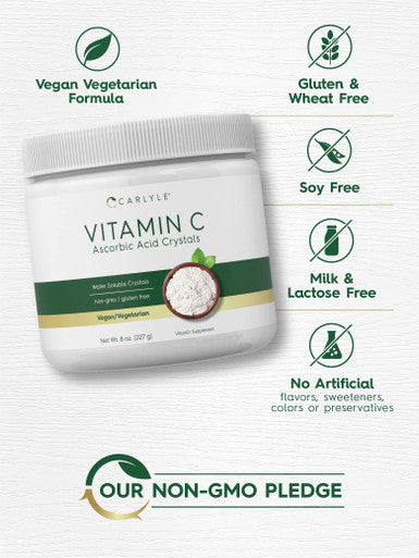 Carlyle Ascorbic Acid Powder | Vitamin C | 8 Ounces | Water Soluble Crystals | Vegan, Vegetarian, Non-Gmo And Gluten Free Supplem