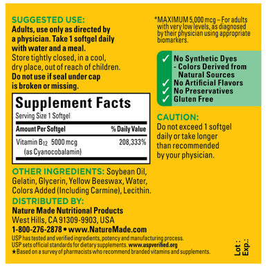 Nature Made Maximum Strength Vitamin B12 5000 Mcg Dietary Supplement For Energy Metabolism Support 60 Softgels 60 Day Supply