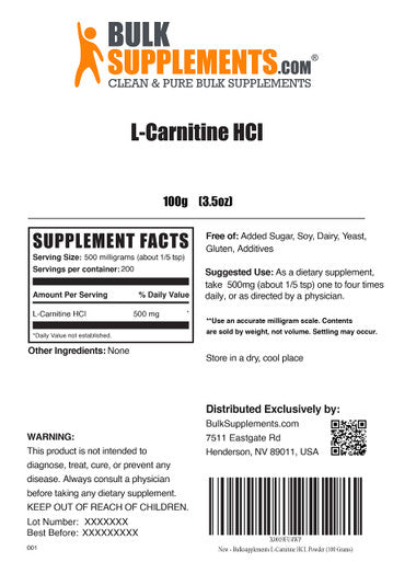 BulkSupplements L-Carnitine Powder - Amino s Supplement for Muscle Recovery & Endurance - - 500mg , 200 Servings (100 Grams - 3.5 oz)
