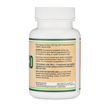 Double Wood Supplements Boric Acid Suppositories 600mg Vaginal Suppository 60 Capsules