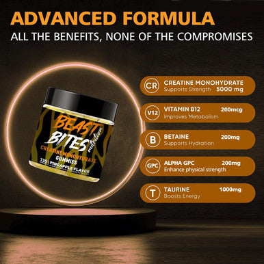 BEAST BITES Nutrition Creatine Monohydrate Gummies for Men & Women - 5g of Creatine Monohydrate per Serving - Sugar Free,Vegan, Pineapple Flavor, 135 Count (45 Servings)
