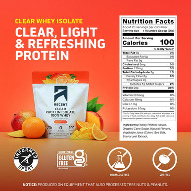 Ascent 100% Clear Whey Protein Powder, 20 Serv