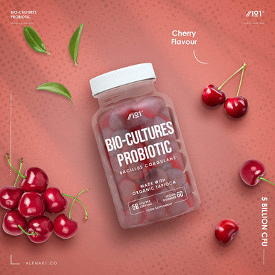 Bio Complex Probiotic Cultures Gummies - 5B CFU Bacillus Coagulants Per Serving - Non-GMO, Gluten , Halal, Cherry Flavour - 60 Vegan Gummies. 1 Pack