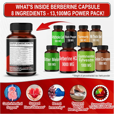 Aumeto 8 in 1 Berberine Supplement - Equivalent to 13100mg per Capsule - Support Digestion Immunity - with Ceylon Cinnamon Milk Thistle Turmeric Bitter Melon