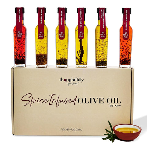 Thoughtfully Gourmet, Spice Infused Olive Oil Gift Set, Premium Extra-Virgin Olive Oil from Spain, Flavors Include Chili, Rosemary, Lemon, Spicy Garlic, Herbes de Provence and Tuscan, Set of 6