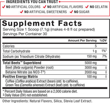 Force Factor Total Beets Energy Drink Mix 2-Pack Superfood Beet Root Powder Nitrates to Boost Energy Support Circulation Blood Flow Nitric Oxide and Stamina Heart Health Supplement 60 Servings
