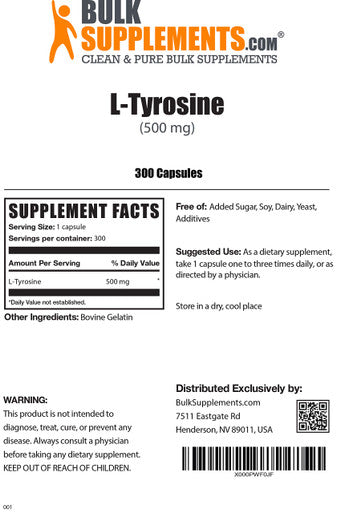 BulkSupplements L-Tyrosine Capsules - Amino Supplement for Energy & Focus - Unflavored, Soy Free - 1 Capsule - 300-Day (10-Month) Supply (300 Capsules)