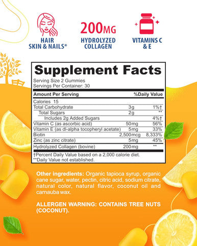 Sunny Sam Biotin Collagen Gummies For Women & Girls - Low Sugar 60 Chewable Beauty Collagen Gummies For Enhanced Hair Skin And Nails - Biotin, Vitamin A, Zinc Supplement - Natural Lemon Flavor