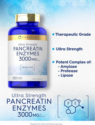 Carlyle Pancreatin Digestive Enzymes | 3000mg | 250 Caplets | Non-GMO Gluten | High Potency Formula