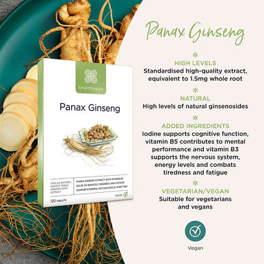 Healthspan Panax Ginseng 1,500mg | 120 Tablets | Vitamin B3 | Natural Ginsenosides | Vegan