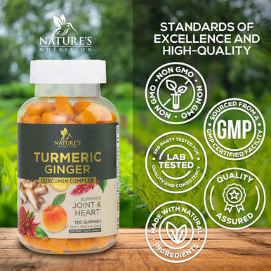 Nature'S Nutrition Turmeric Curcumin and Ginger Gummies with Black Pepper Extract High Absorption Potent 95% Curcuminoids Turmeric Curcumin Supplement Nature's Tumeric Curcuma Gummy Pills Joint Support - 120 Gummies