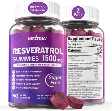 Resveratrol Gummies 1500Mg - Sugar Resveratrol Supplement With Quercetin, Grape Seed, Acai Berries Extracts Support Antioxidant, Healthy Aging & Longevity, Skin, Joint, Brain Wellness - 2Pack