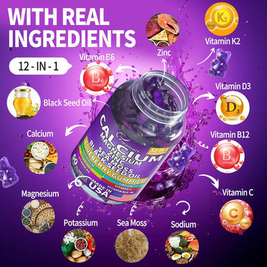 Calcium Magnesium Zinc Supplement Gummies Sugar For Women And Men Calcium Gummies Supplement Bone & Immune Support Made In Usa 60 Counts Blueberry Flavor