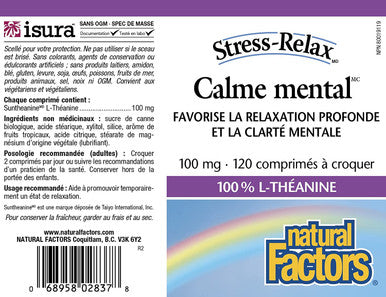 Natural Factors StressRelax Suntheanine LTheanine 120 Chewable Tablets