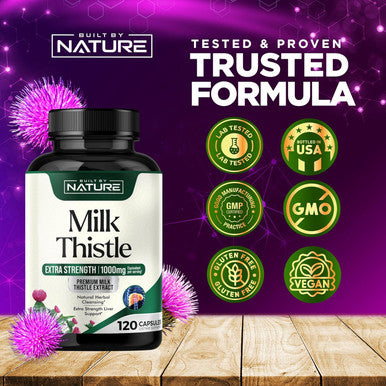 Built Nature Milk Thistle 1000Mg - Liver Detox Supplement With Silymarin Extract & Dandelion Root Gentle Herbal Liver Cleanse For Men & Women - Liver Health Support - Non-Gmo - 120 Veggie Capsules