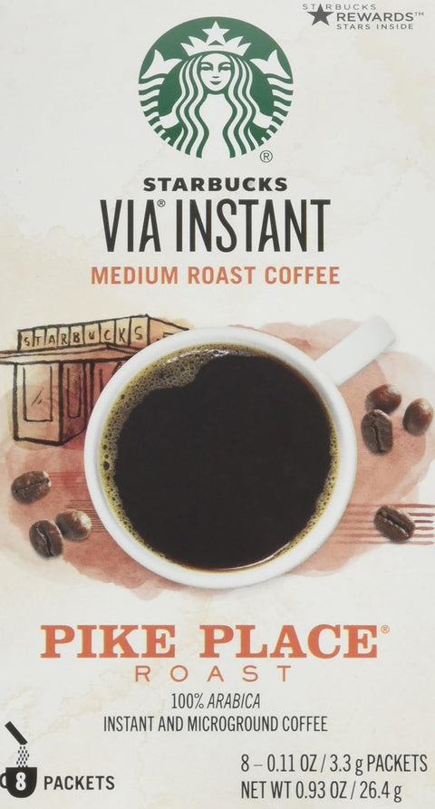Starbucks VIA Instant Coffee, Medium Roast Coffee, Pike Place Roast, 100% Arabica, Single-Serve, 1 Box (50 Packets) | 100% Arabica instant coffee packets; Pike Place Roast medium roast; 1 box, 50 packets