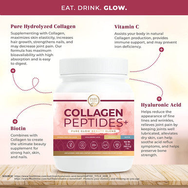 Pure Goddess Collagen Peptides Powder Supplement Type I II III V with Vitamin C Biotin and Hyaluronic Acid for Hair Nails Skin and Joint Health