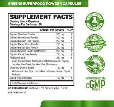 Green Surge Green Superfood Capsules Keto Friendly Greens Supplement w/Spirulina Wheat Barley Grass Organic Greens Plus Probiotics Digestive Enzymes 120 Veggie Pills