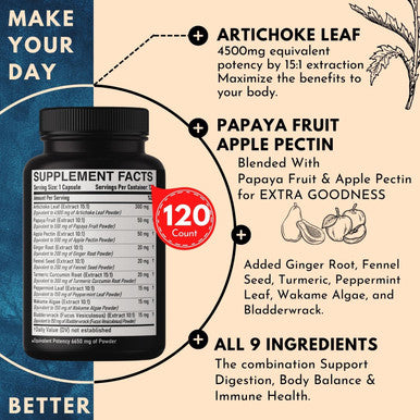 9In1 Artichoke Leaf Extract Capsules - 4 Months Herbal Supplement For Digestion & Immune Support - 6650Mg Equivalent With Chamomi