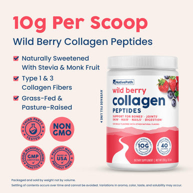 NativePath Collagen Peptides - Hydrolyzed Type 1 & 3 Collagen. Keto & Paleo Grass-Fed Protein Powder for Hair Skin Nails Bones Joints Digestion and More - No Gluten or Dairy (Wild Berry 230g)