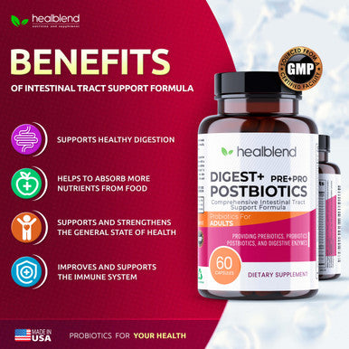 healblend Digest + Postbiotics Supplement for Women and Men Multi Enzymes Organic Prebiotic & Probiotic for Digestive Health with Bromeline Papin and Lipase Non-GMO Gluten-Free 60 Vegetarian Caps