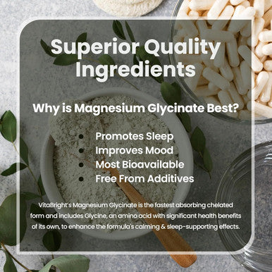 Vitabright Chelated Magnesium Glycinate 300mg Elemental Magnesium (1500mg Magnesium Bisglycinate) 180 Magnesium Capsules x2 Day High Strength Magnesium Supplements for Sleep VitaBright Pure Magnesium Glycinate